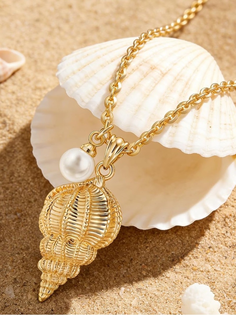 Anthropologie Gold Shell Pendant Necklace with Pearl Accent